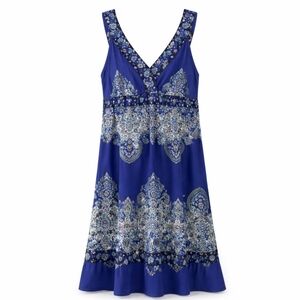 Initiatives Blue Printed V-Neck Dress XL | Stretch Summer Dress